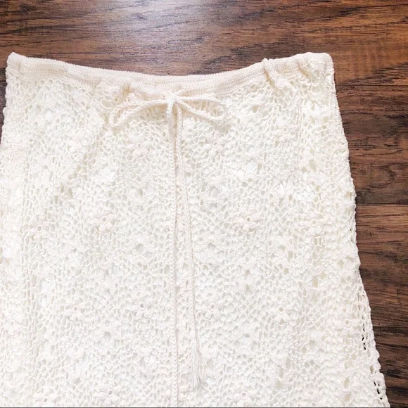 SOLD Rene Derhy • vintage crocheted skirt lace knit drawstring waist midi cream - Picture 6 of 14